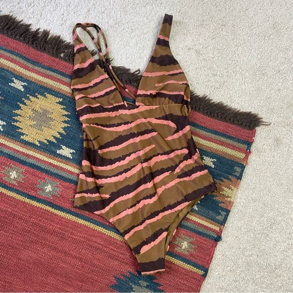 LIVYSTONE Brown and Pink Striped One-Piece Plunge Cheeky Back Swimsuit Medium - Picture 1 of 5